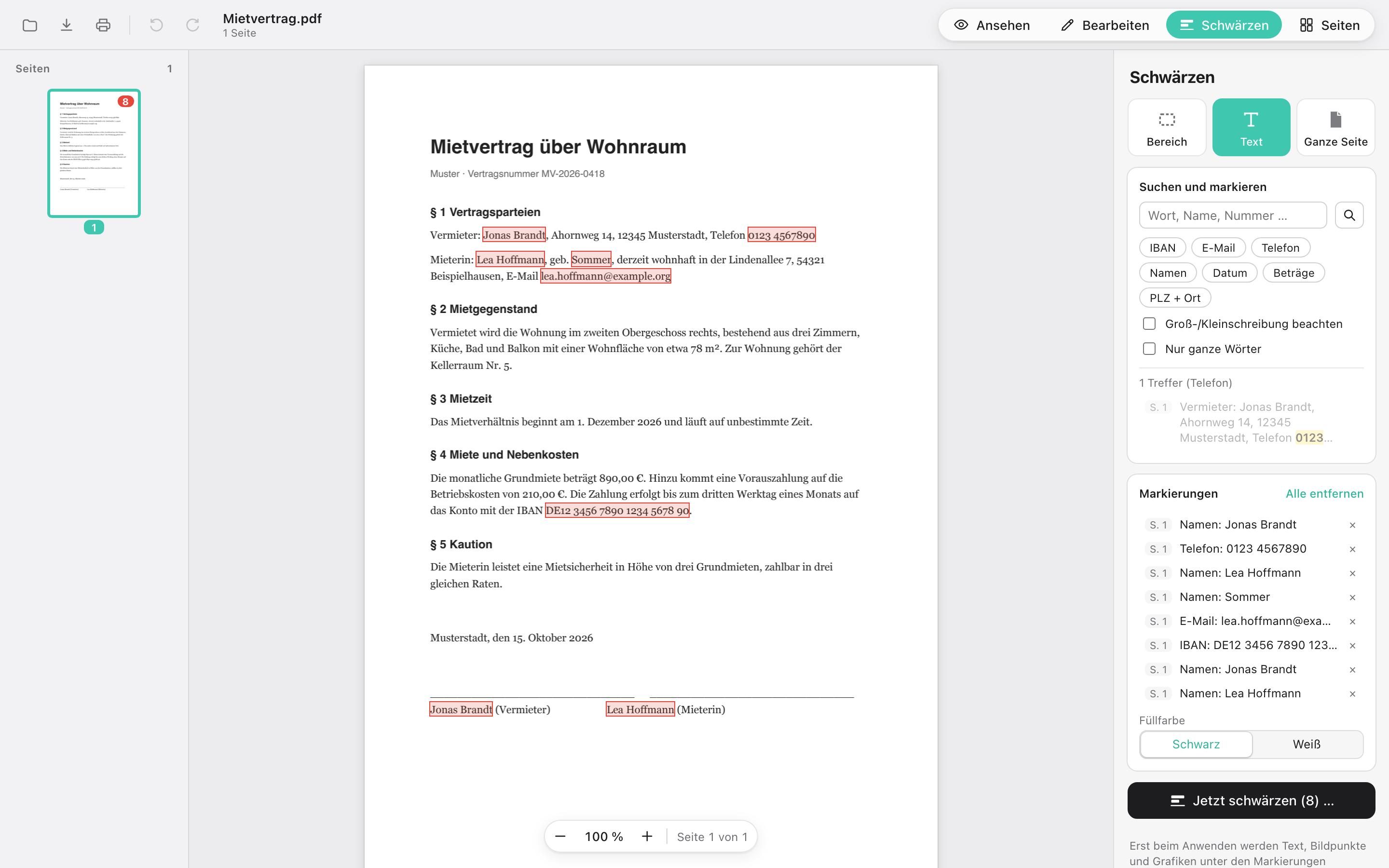 Ansicht „Schwärzen“: gefundene Namen, IBAN, E-Mail und Telefonnummer sind rot markiert